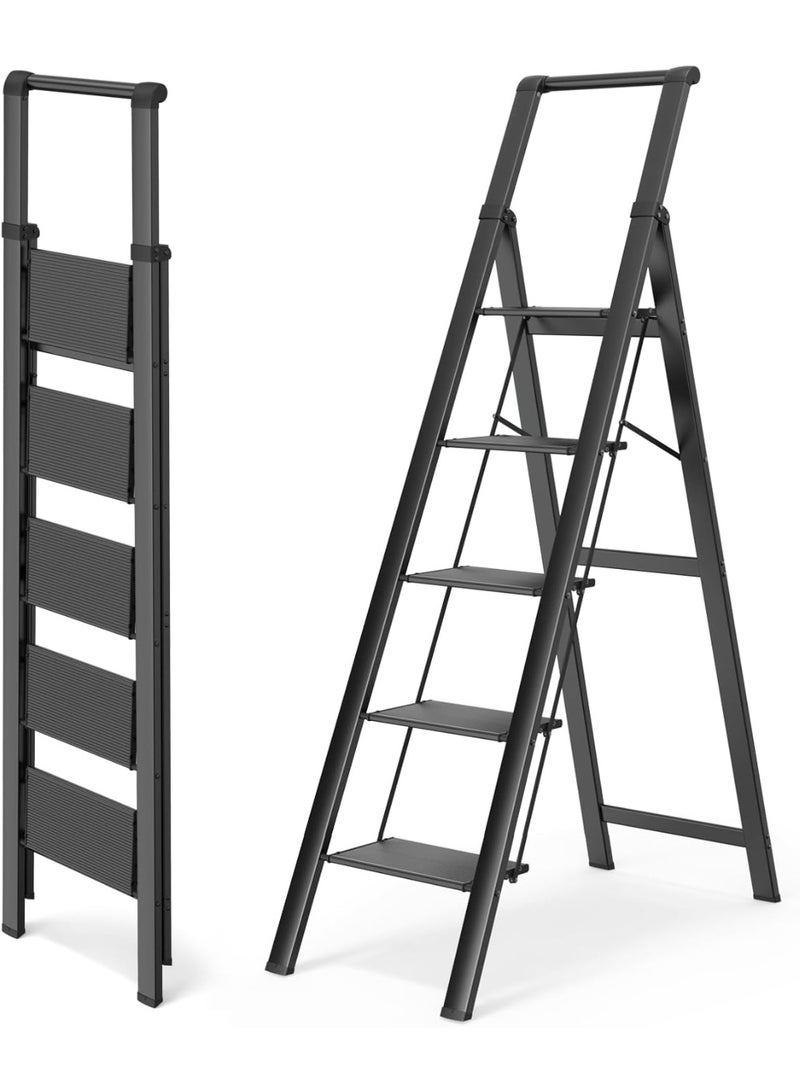 توشيونيكس سلم قابل للطي من الألومنيوم بخمس درجات مع درابزين، دواسات عريضة مانعة للانزلاق، سلم محمول خفيف الوزن، يتحمل وزنًا يصل إلى 150 كجم، مناسب للمنزل والمطبخ والمكتب والمكتبة - أسود - Image 2